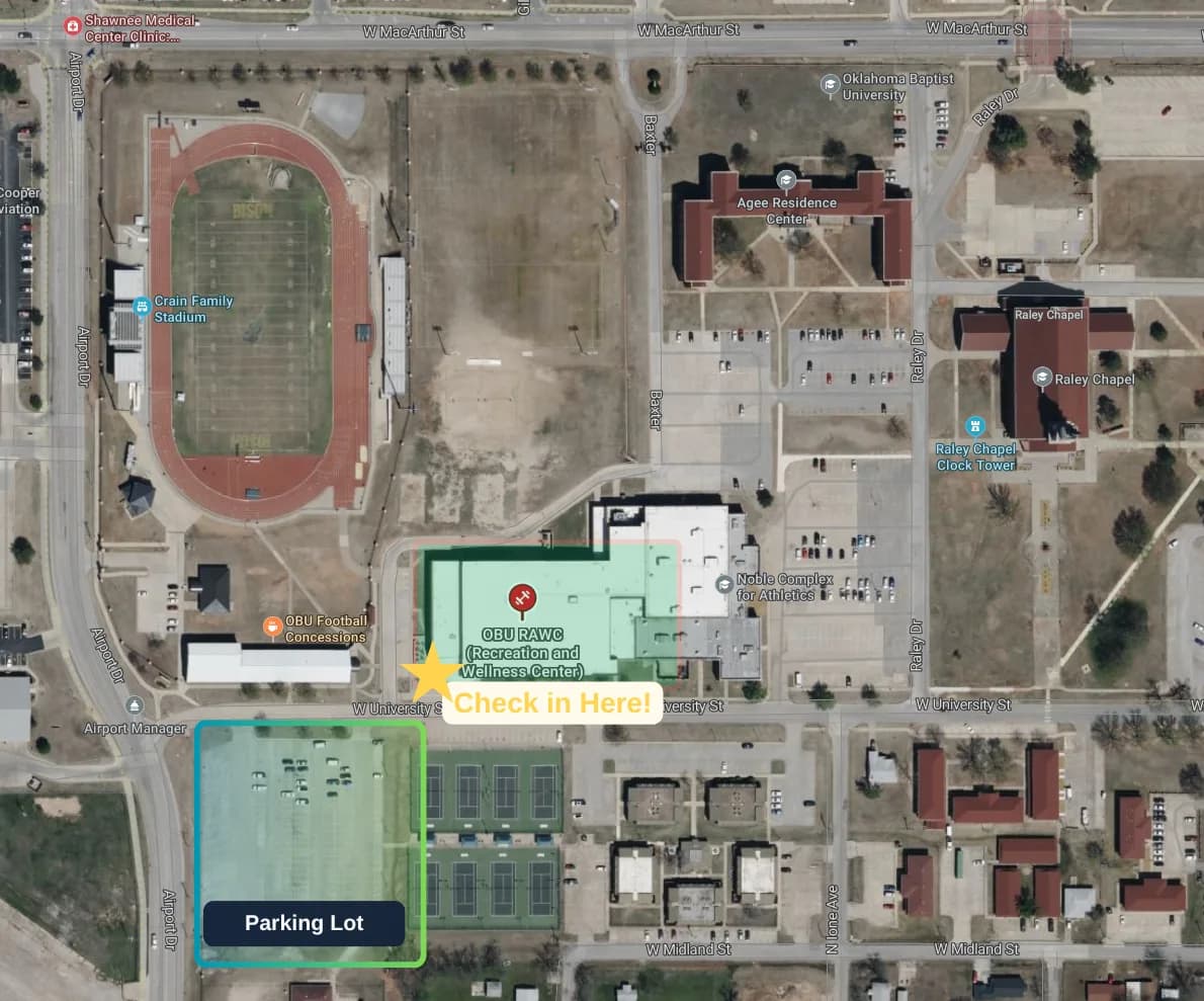 Satellite map of the OBU campus with the parking lot and RAWC check-in point marked